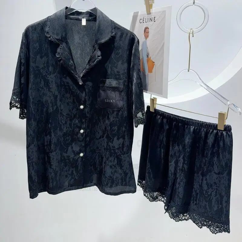 

Топ с короткими рукавами, брюки, одежда для сна, кружевная жаккардовая домашняя одежда из ледяного шелка, одежда для дома, рубашка с воротником с лацканами, шорты, одежда для сна