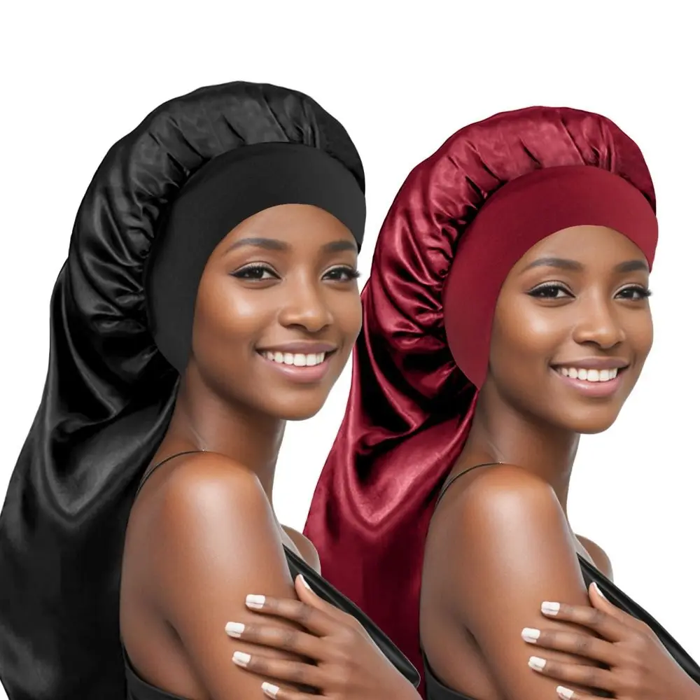 Accessoires : Bonnet de nuit long en satin avec bandeau à nouer, foulard de soin capillaire pour cheveux bouclés et tressés