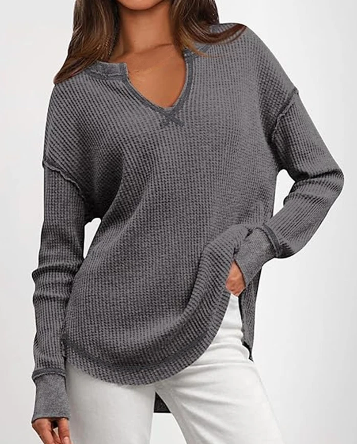 Waffle Knit Notch Neck Long Sleeve Top Slit Casual Pullover Tee with Detachable Chain