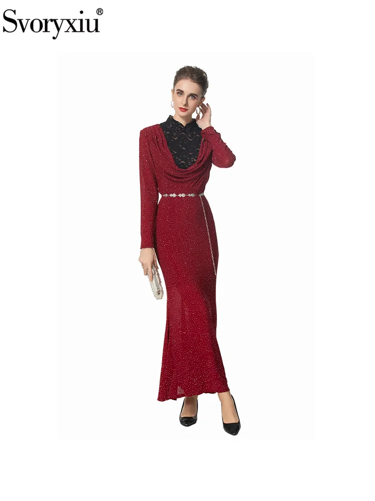 Svoryxiu Fashion Runway Autumn Burgundy Vintage Fishtail Long Dress Women's Stand Collar Lace High Waist Buttock Covering Dress