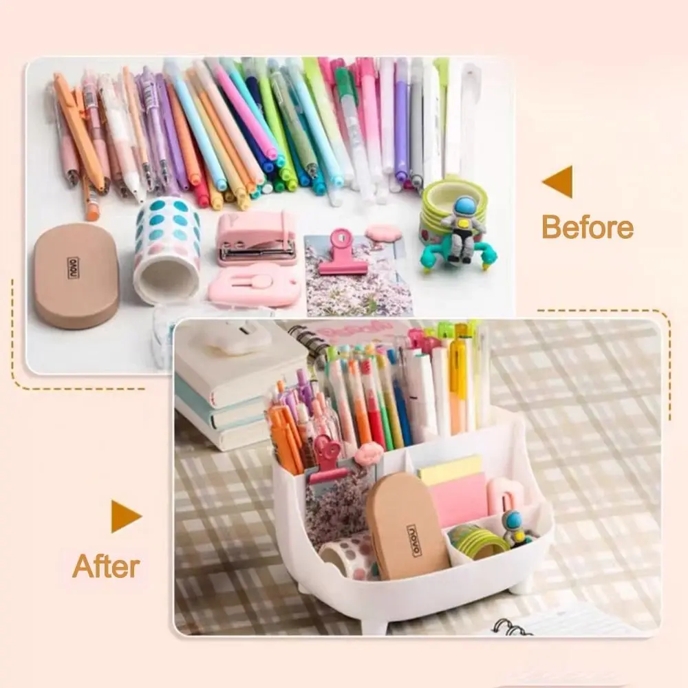 Cute Multi Grid Penholder Large Capacity with Stickers Table Storage Box Cartoon Pattern Makeup Brush Organizer Box