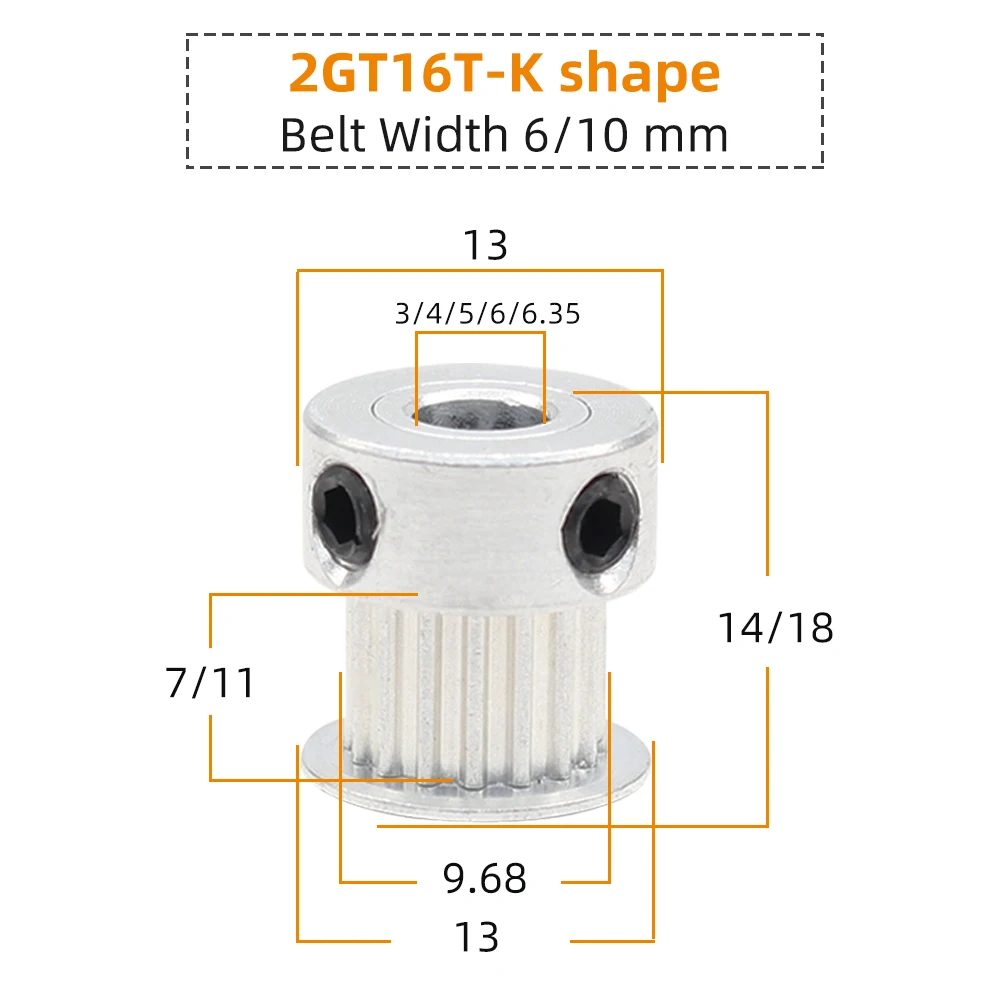 2GT-16T/17T GT2 Belt Pulley Pitch 2 mm K Type Alloy Wheels Bore 4/5/6 mm Timing Belt Width 6/10 mm 3D Printers 16 Teeth 17 Teeth