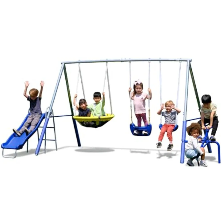 Metal Swing Set: Blow Molded Standing Swing, Teeter Totter, Saucer Swing+5' Wavy Slide, Standards*4pc Anchor Kit*