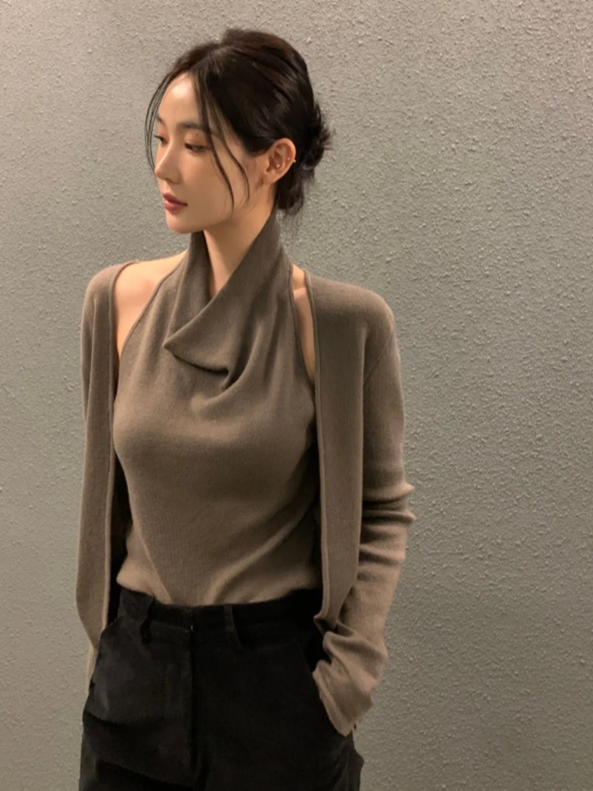 

Slim Fit Long Sve Knitted Vest Women's Collar Stand up Ne Hanging Ne Padded oulder Biker Sle Color Spring 2025