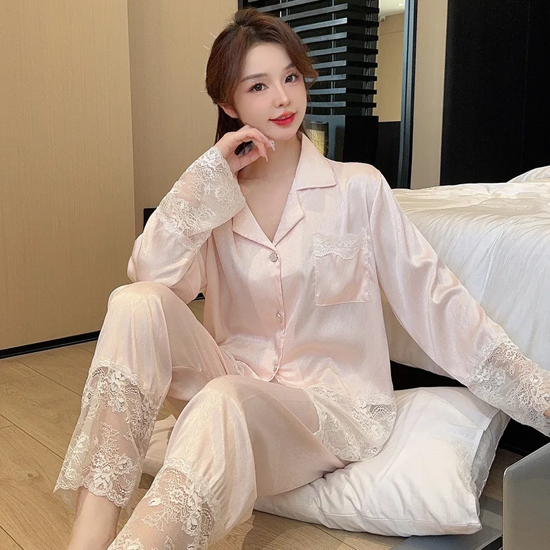 

Pajamas Women's Spring And Autumn Ice Silk Long Sleeved Pants 2024 New Simulated Spring/summer Cardigan Home Wear Set Female