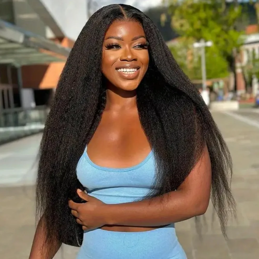 Kinky Straight 13x4 Transparent Lace Front Human Hair Wig Pre Plucked Yaki Brazilian 200% Density Lace Closure Human Hair Wig