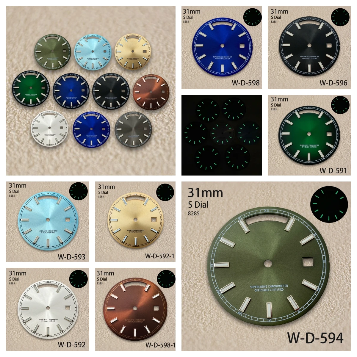 

31mm S Logo Day and Date Dial Fit 8285 Movement Green Luminous Sunray High-Quality Dial Watch Modification Accessories