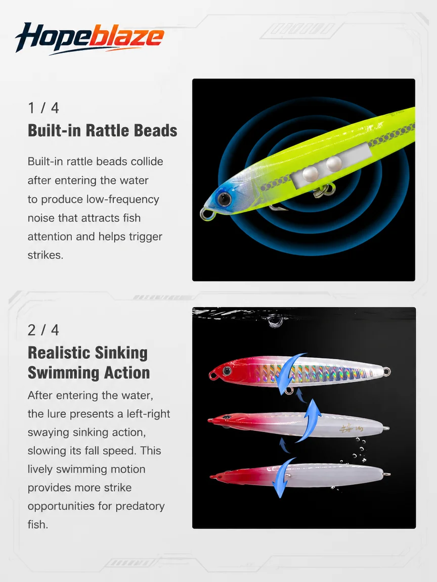 Hopeblaze Toothy Sinking Pencil Hard Lure Built-in Rattle Beads Left-Right Swing 6088 Anti-Rust Hooks For Bass Mackerel Fishing