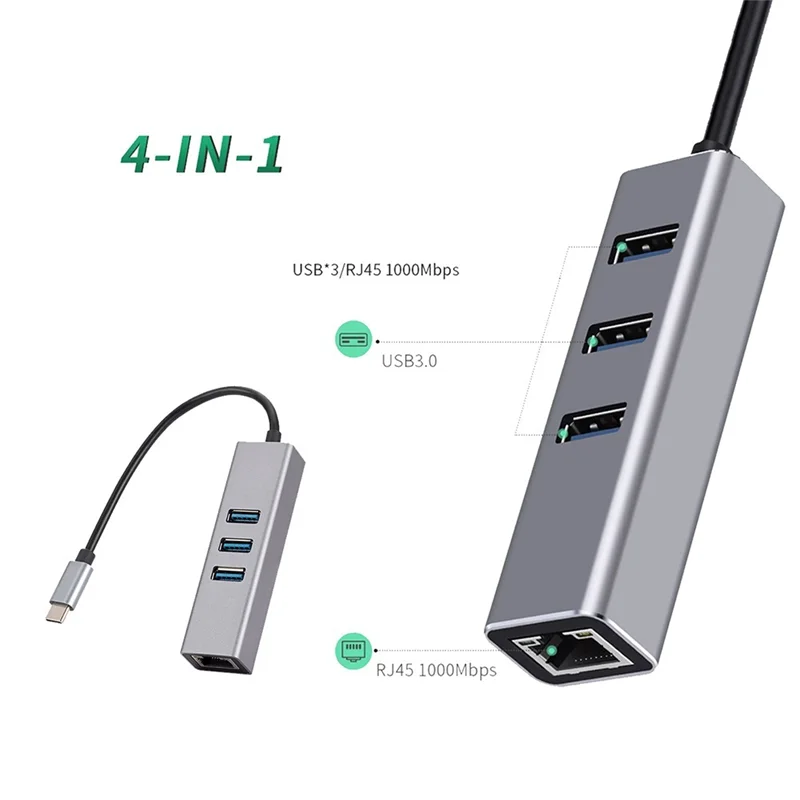

HJ-1000Mbps Ethernet Adapter Type-C Torj45 4 In1 Hub 3 Ports USB3.0 5Gbps OTG Splitter LAN Network Card Forlaptop PC