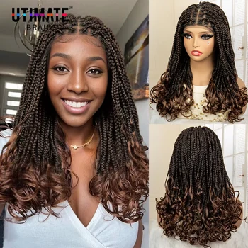 Franch Gevlochten Pruiken Krullende Uiteinden Volledige Kant Vlechten Pruik voor Zwarte Vrouwen Bruine Doos Vlechten Haar Pruiken