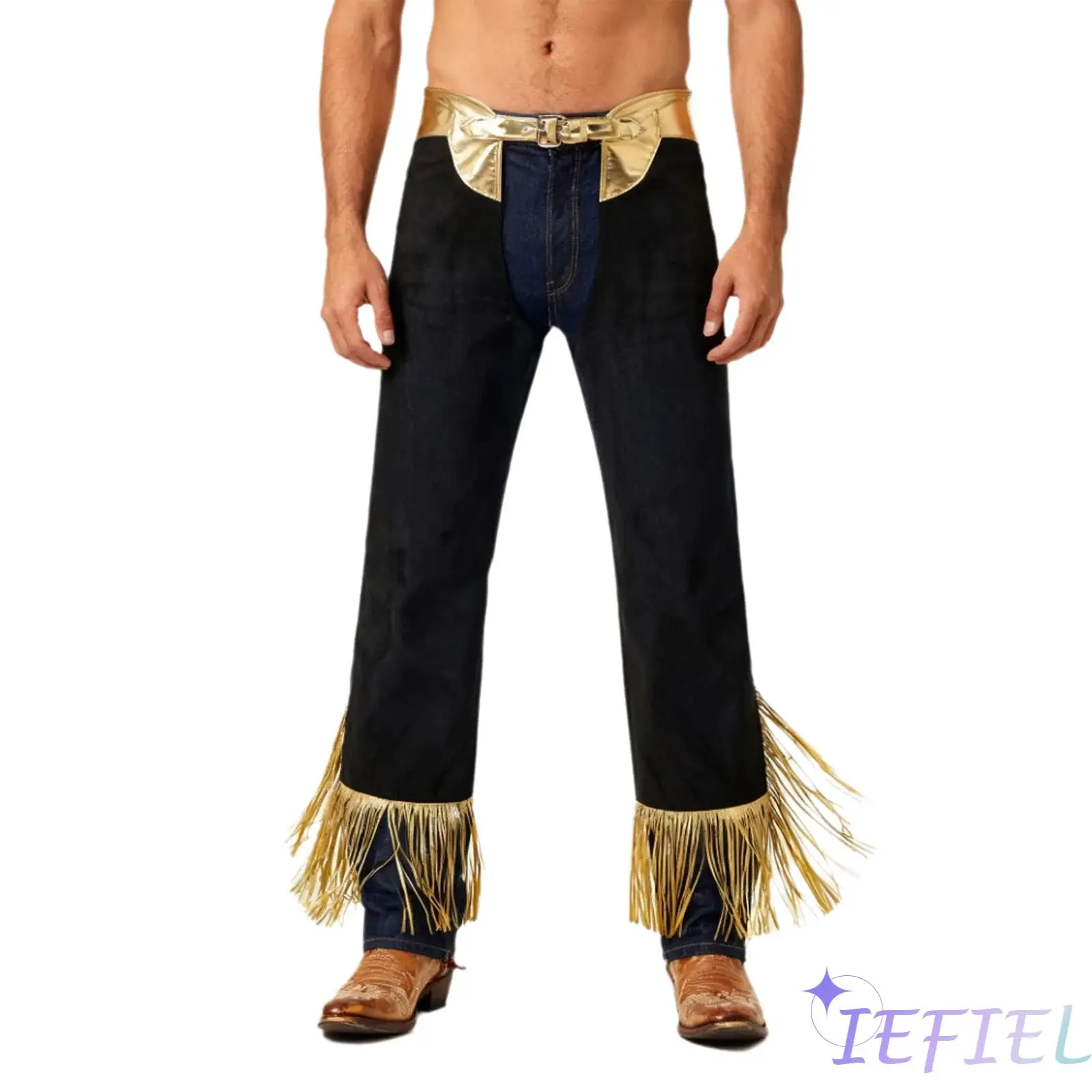 

Mens Professional Western Bull Riding Chaps Pants with Shiny Accents Hollow-out Crotch Cowboy Attire for Halloween Theme Parties