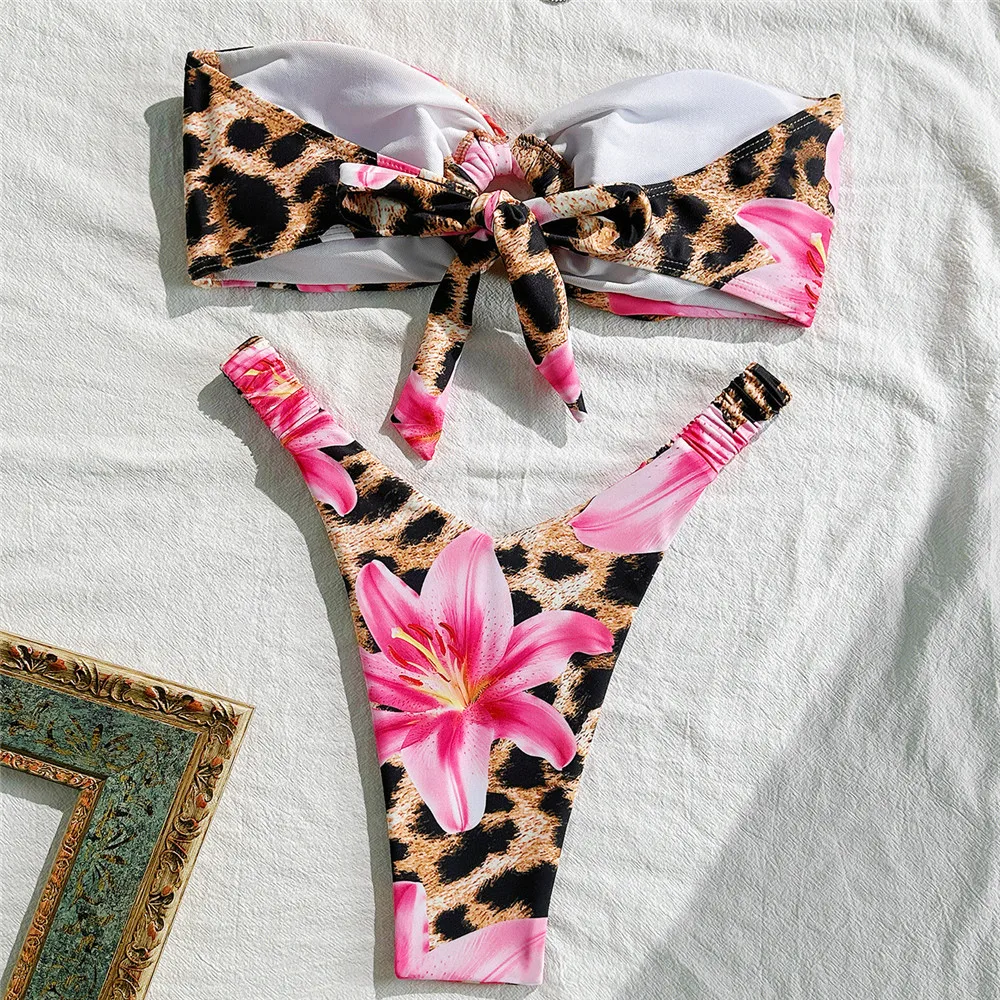 Leopardo flor impressão bandeau biquinis define volta atada banho anel enrugado sexy maiô feminino 2025 maiô biquíni dames
