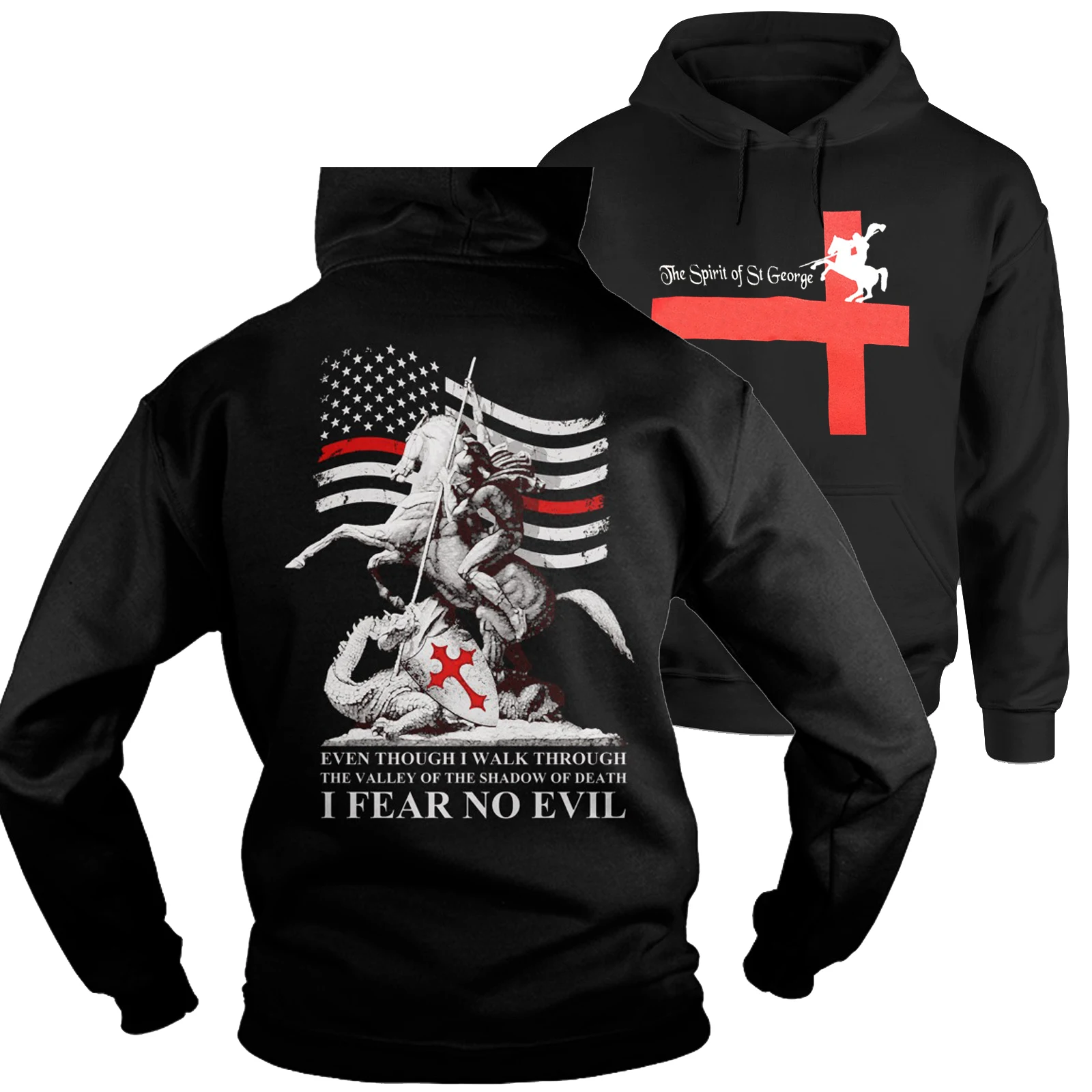 

Red Line American Flag Crusader I Fear No Evil Saint George Slays The Dragon Pullover Hoodie 100% Cotton Casual Mens Clothing