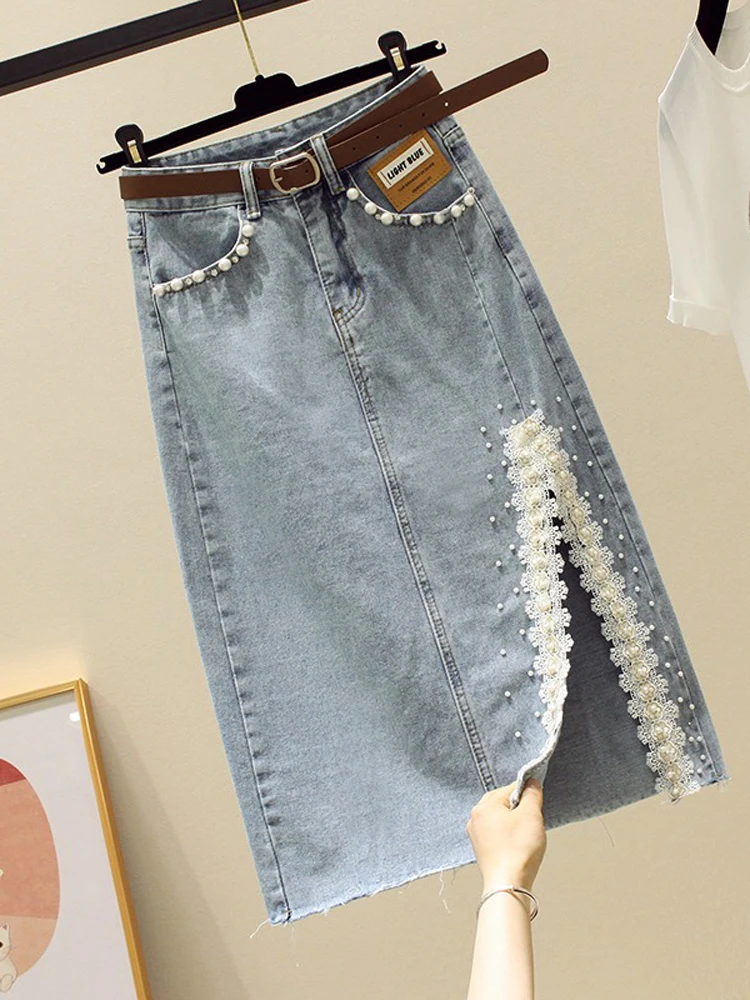 Split Stitch Bead Lace Denim Skirt Women Versatile High Wisted Mid Length Bag Arm Skirt Spring Summer Office Women's Wear