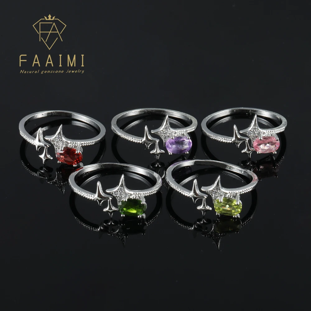 

100% natural gemstone amethyst garnet tourmaline adjustable copper-plated silver ring for women jewelry gifts