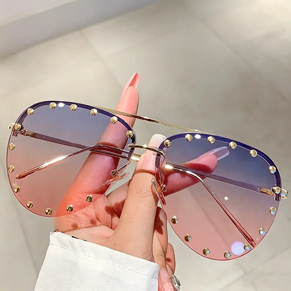 Übergroße Piloten-Vintage-Sonnenbrille mit halbem Metallrahmen und Nieten für Damen und Herren, Luxusmarke, Designer, Outdoor-Party, Steampunk-Sonnenbrille