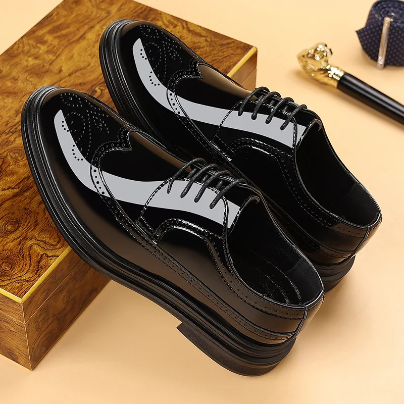 Men's Patent Leather Brogue Dress Shoes Lace Up Formal Oxfords Thick Sole Non Slip Comfort Business Shoes Work Wedding & Formal view 3