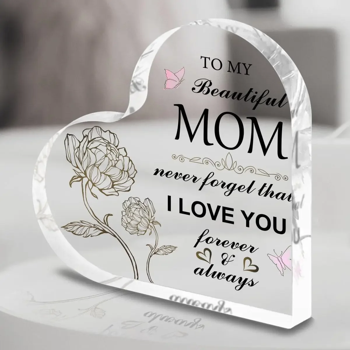 To My Beautiful Mom Heart‑Shaped Acrylic Tabletop Plaque, Gold Line Peony Pink Butterfly Mom Gift Desk Decor