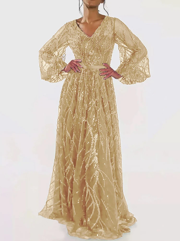 Abito lungo da sera lussuoso con paillettes eleganti da donna Abito lungo da sera con scollo a V a maniche lunghe a vita alta con scollo a V trasparente Abiti lunghi