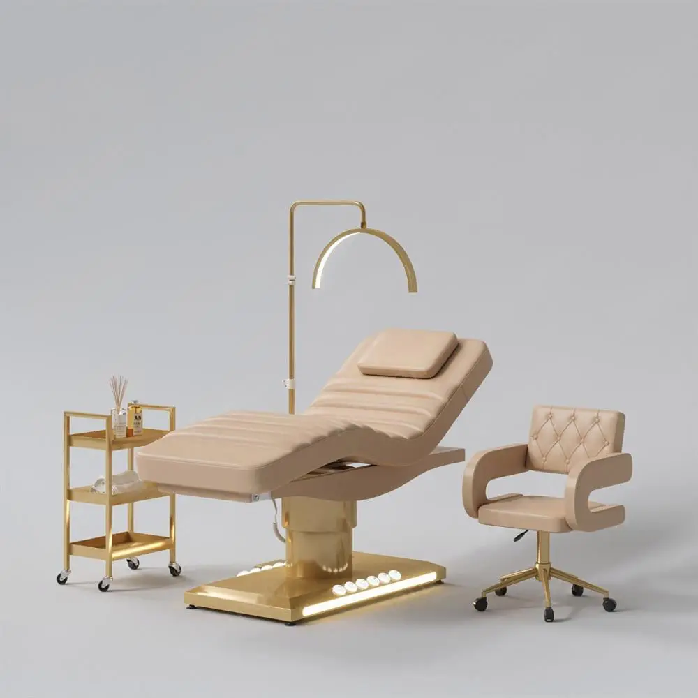 

Adjustable Luxury Hydraulic Leather Facial Spa Bed 3 Motors Electric Gold Base Massage Bed Stool Bedroom Living Room Metal