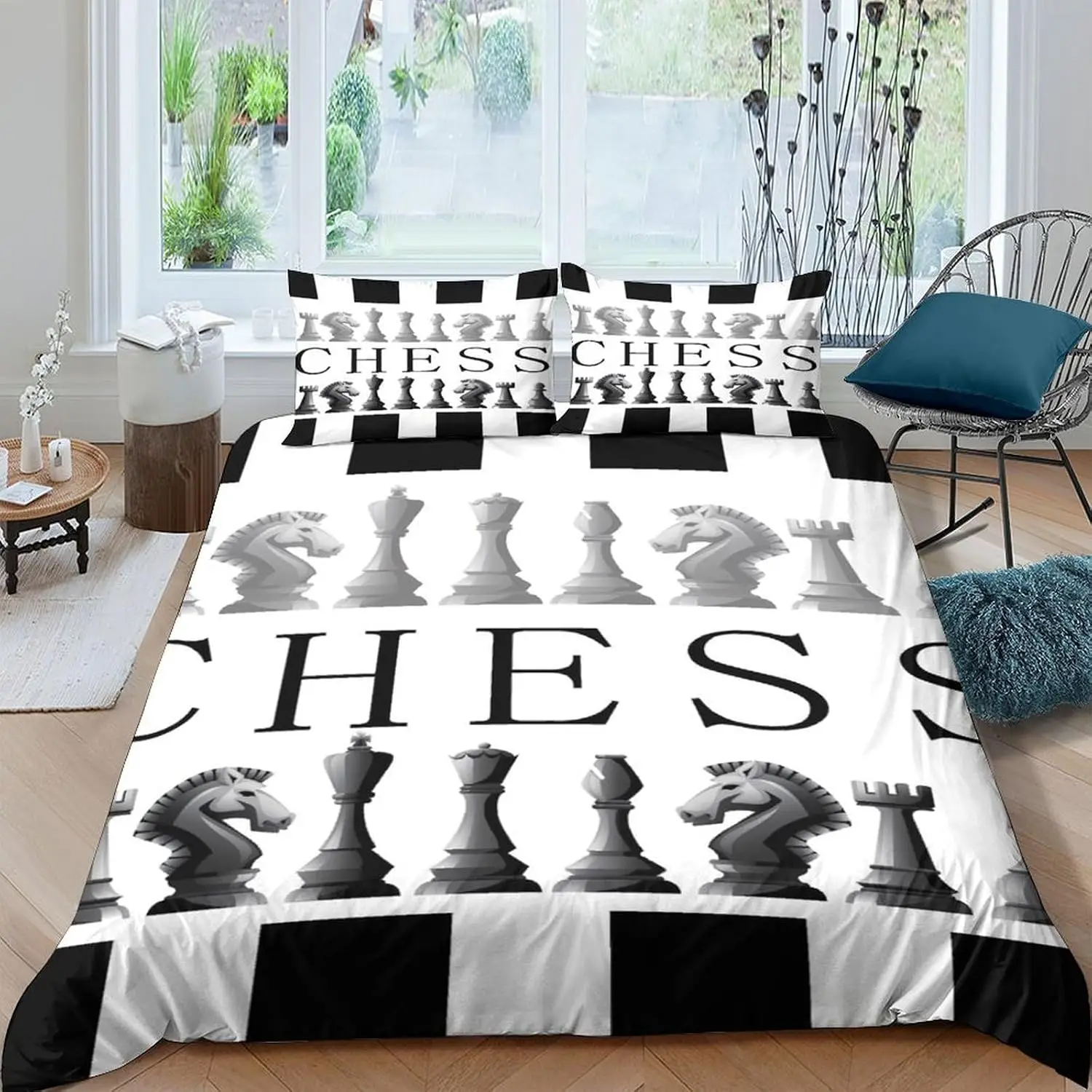International Chess Duvet Cover Full Queen Size,Chess Board Game Bedding Set for Teens Adults,Fashion Chessboard Comforter Cover