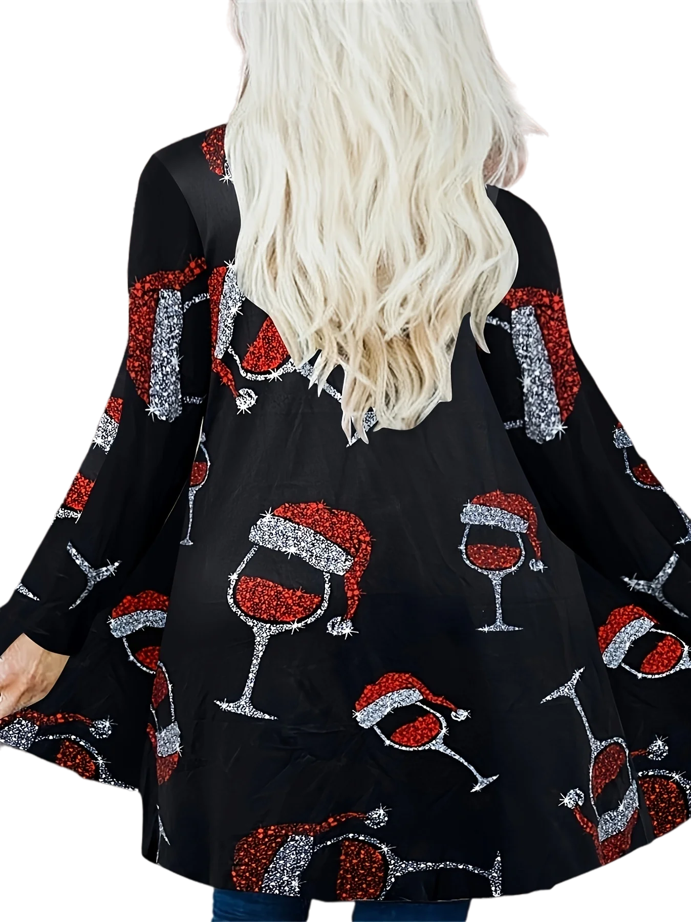 Plus Size Christmas Coat, Women's Plus Christmas Hat Wine Glass Print Long Sleeve Open Front Slight Stretch Cardigan Coat