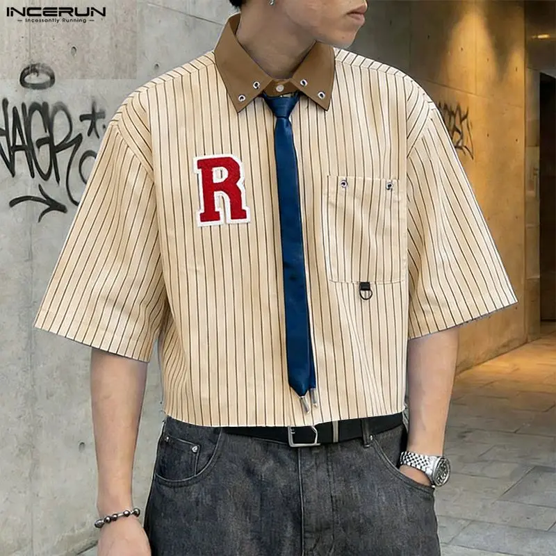 

INCERUN Men's Shirt Striped Patchwork Color-block Lapel Half Sleeve Menswear Clothing Streetwear Loose 2026 Camisa Fashion Tops