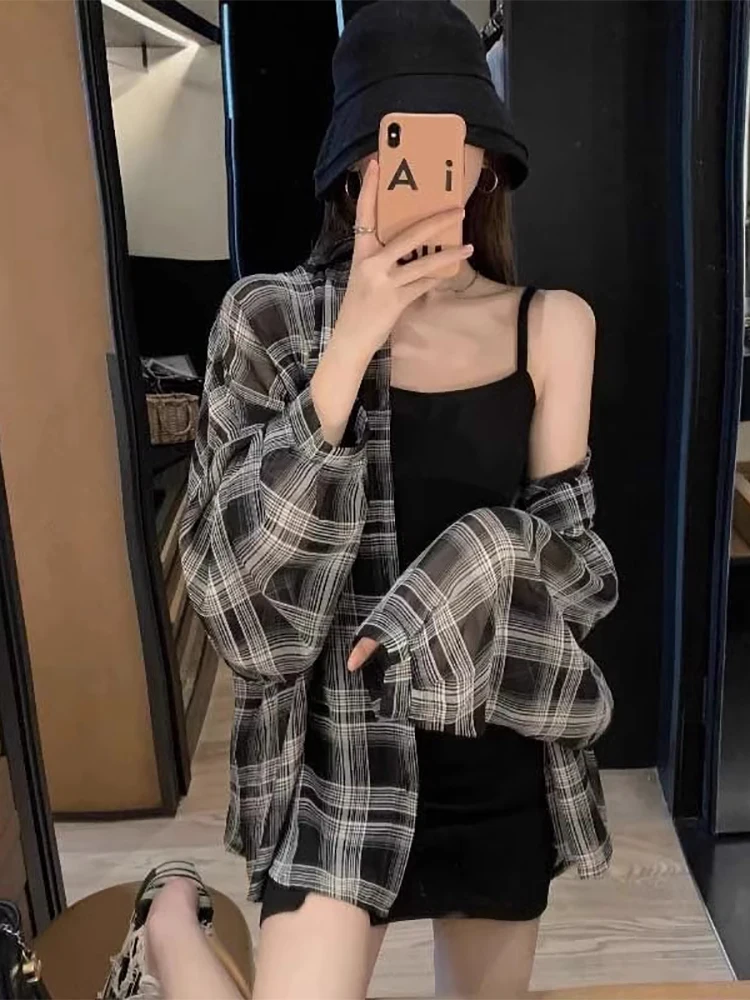 

Premium Plaid Sun Protection irt Women's plus Size Loose Slimming Open Cardigan Top Korean Sle Long Sve Commute Wind