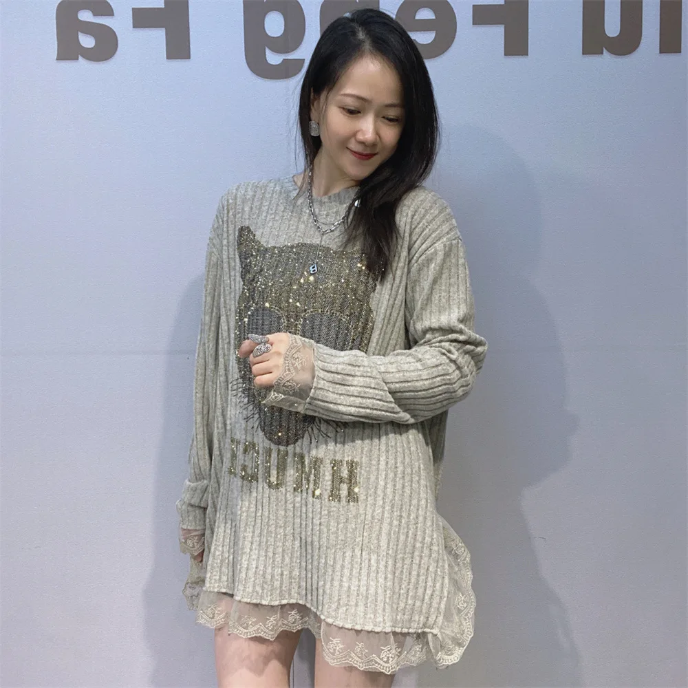 Sequins Leopard Head Mesh Patchwork Long Sleeve T Shirt Woman Oversized Knitwear Bust 126cm Casual O Neck Pullover Tees Outwears