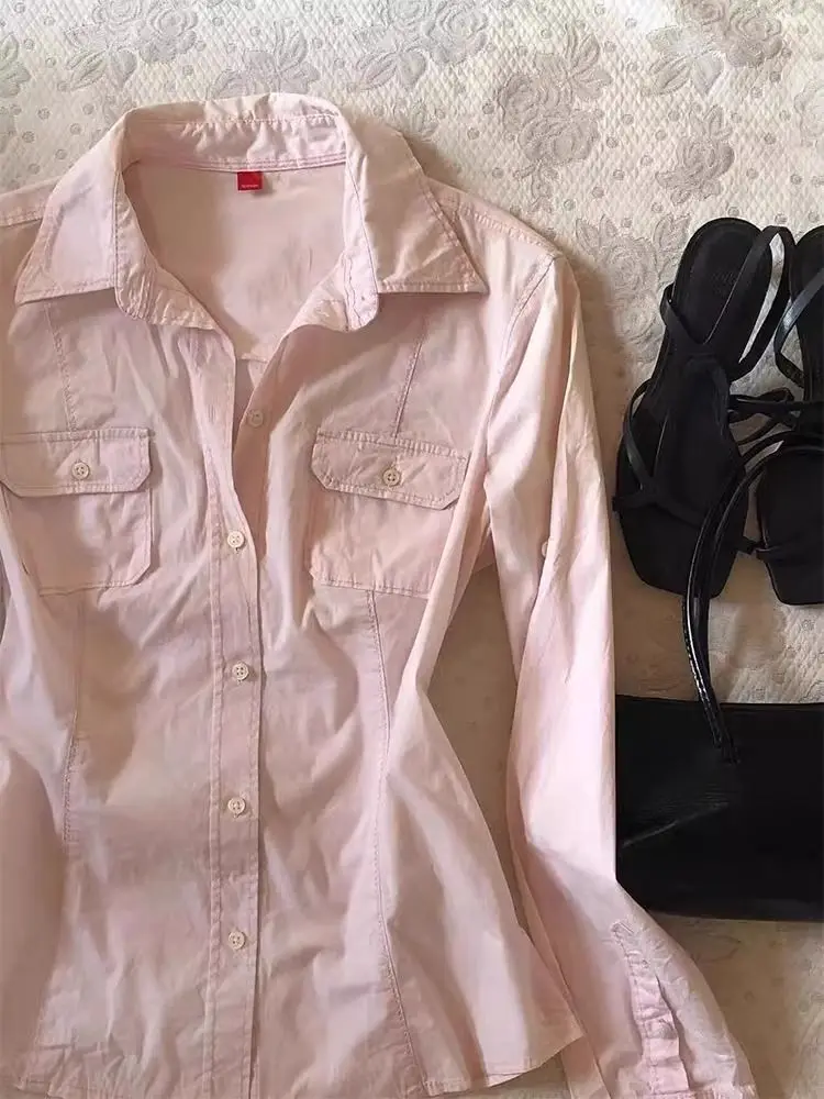 ディープタウン ピンク エステティック 長袖 レディース シャツ ポケット アメリカン ヴィンテージ スリム シック ブラウス ポロカラー ベーシック カジュアル オフィスレディ