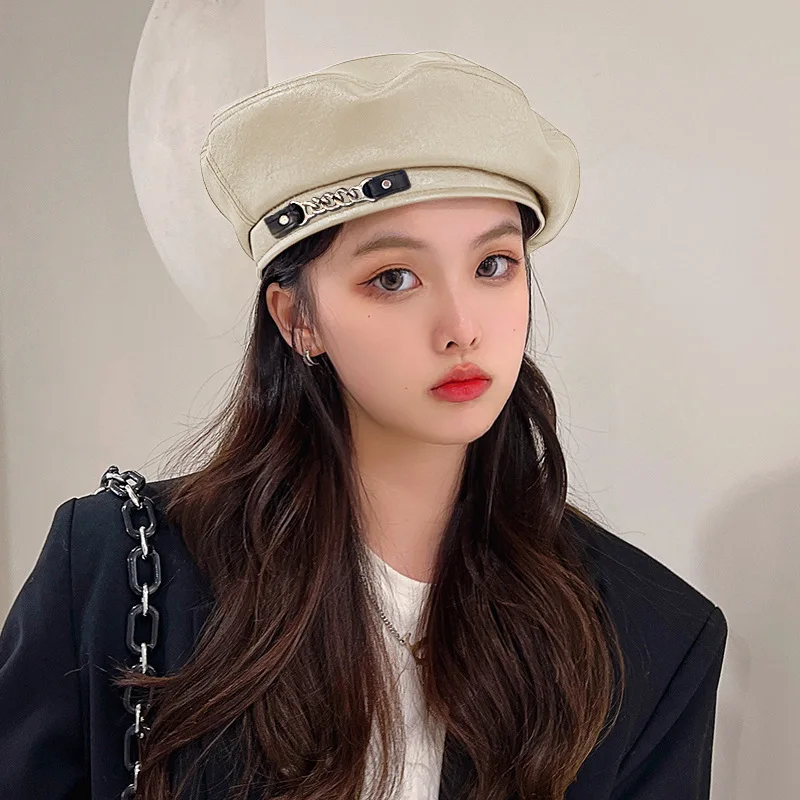 Fashion Autumn Winter Hip Hop Chain PU Leather Beret Women\'s Pure Color Retro Octagonal Hat Versatile Painter Cap