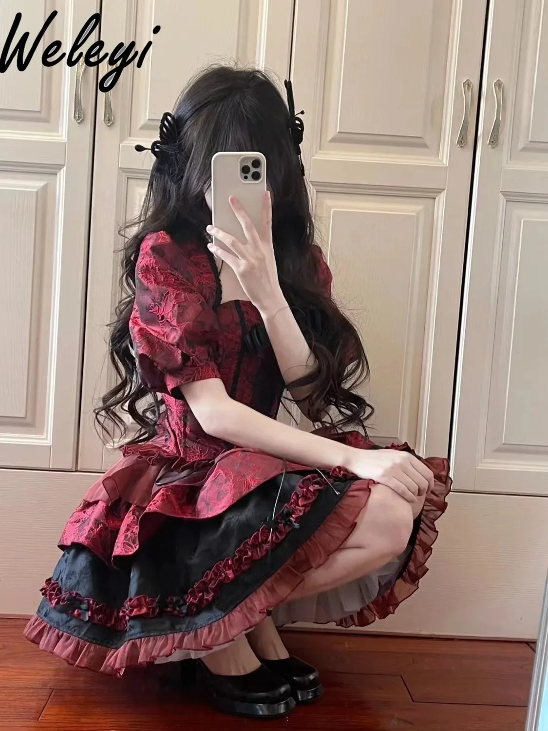 Conjunto de 3 piezas de Lolita de Halloween oscuro, Top de bañera con lazo de vendaje Jacquard rojo dulce y chaqueta corta ajustada de manga de burbuja, Falda corta para pastel