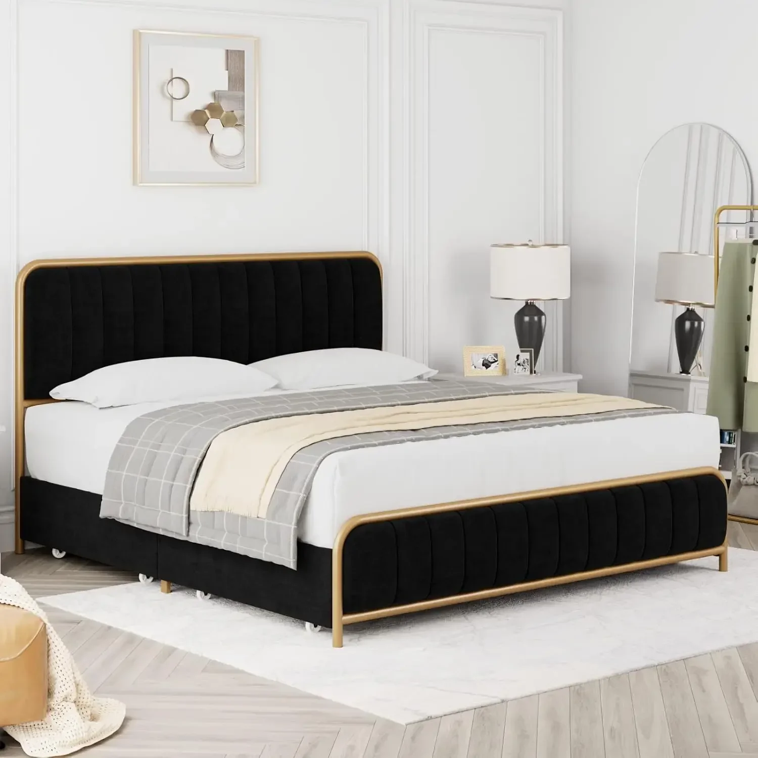 Gestoffeerd queensize bedframe met 4 opbergladen en hoofdeinde, robuuste metalen matrasfundering met houten latten