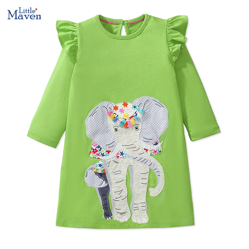 Little maven 2024 Spring Autumn Children\'s Clothing Kids Clothes Cotton Baby Girls Cartoon Elephant Long Sleeves Dresses