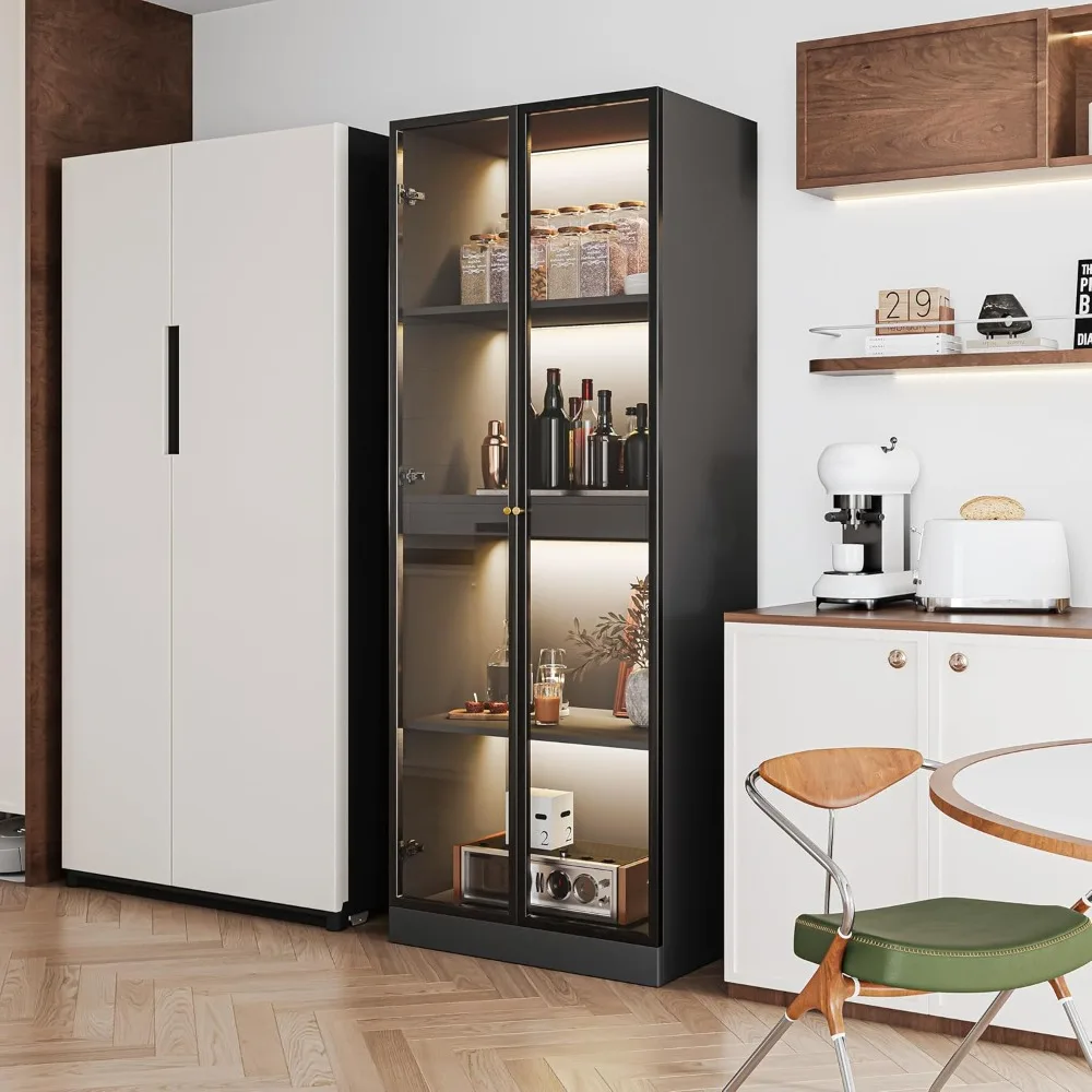 

Glass Display Cabinet with LED Lights Tempered Glass Curio Cabinet with Pull-Out Shelf for China Liquor Collectibles