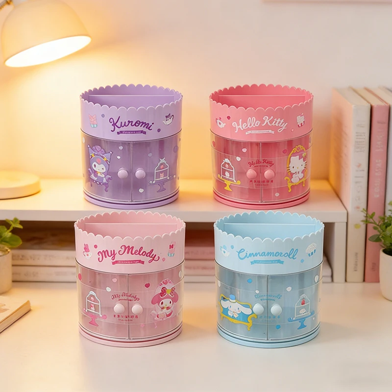 

Sanrio Rotating Storage Box 360° Double Door Drawer Desktop Organizer Cute Pen Holder Makeup Cosmetic Jewelry Box for Girls