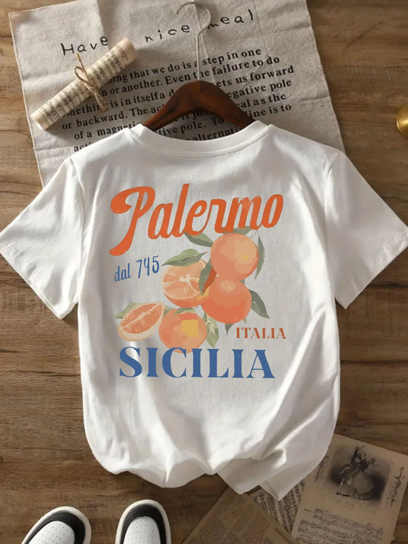 Casual Short Sleeve T-Shirt Vintage Sicilian Citrus Fruit Back Print Women's Shirt Round Neck Graphic Top Tee Female Clothing