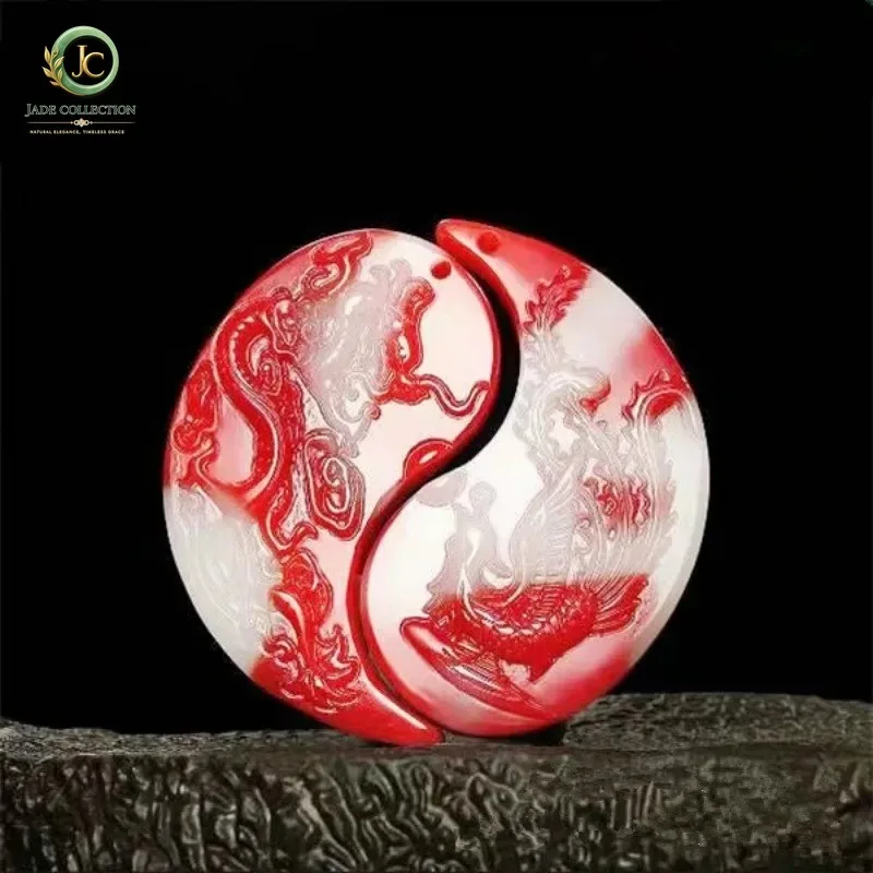 Natural Colorful Jade Hand-carved Chicken Blood Color Dragon and Phoenix Pendant Fashion Boutique Jewelry Couple Necklace Gift