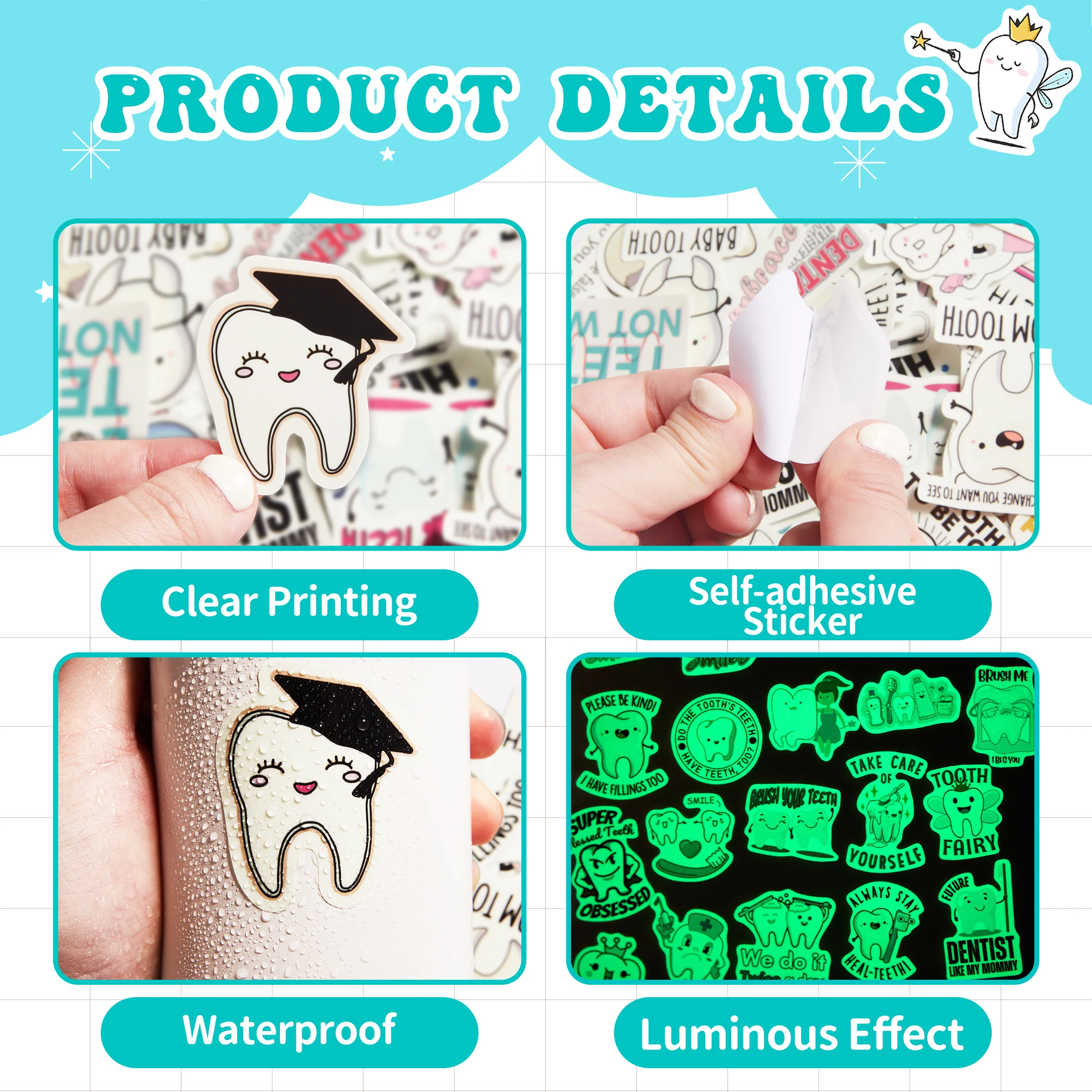 어둠 속에서 51 Pcs 광선 치과 건강 테마 스티커 치아 요정 방수 비닐 칫솔 물병 어린이를위한 노트북 데칼