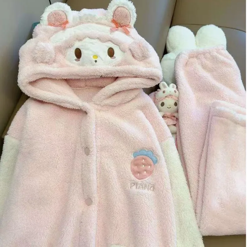 

Плюшевый пижамный комплект My Melody с капюшоном и вышивкой, флисовая одежда для сна из двух предметов для женщин, платье для сна Kawaii Sanrio и брюки
