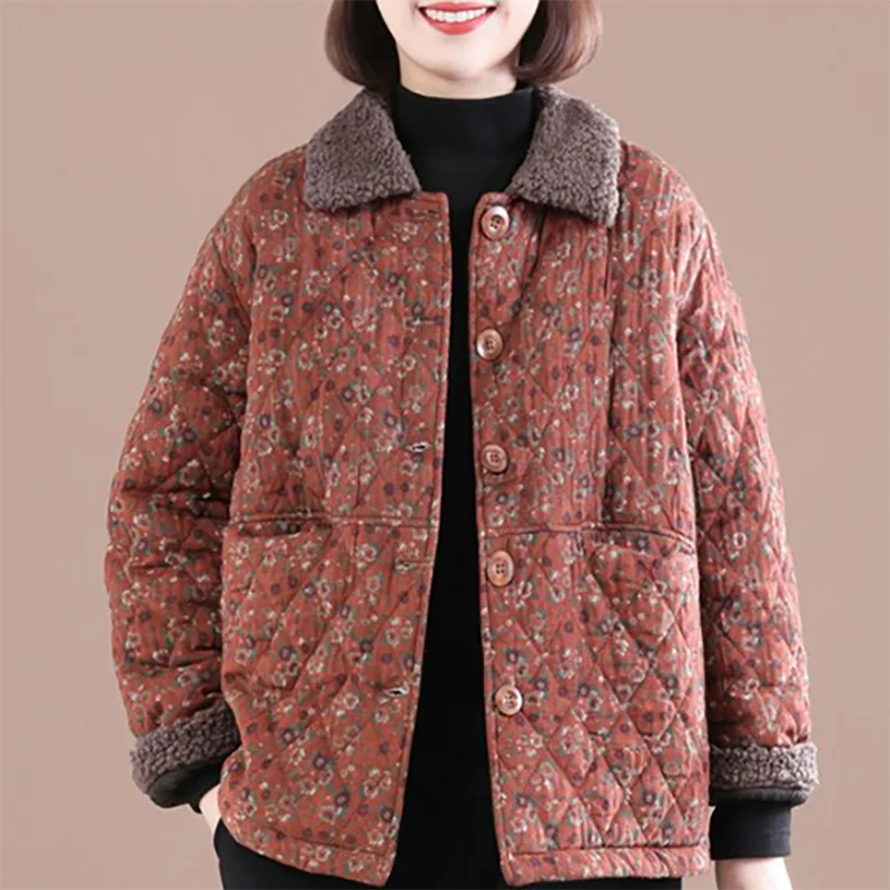 

2023 Women Fur Collar Short Cotton Coat Floral Print Vintage Fashion Elegant Loose Parkas Winter Female Casual Thicken Jacket