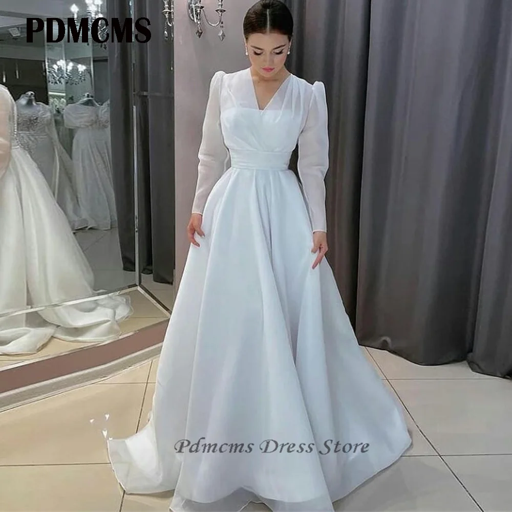 

PDMCMS Modest A Line Organza Wedding Dresses Long Sleeves V Neck Buttons Back Floor Length Bridal Gown Robe de mariage Plus Size