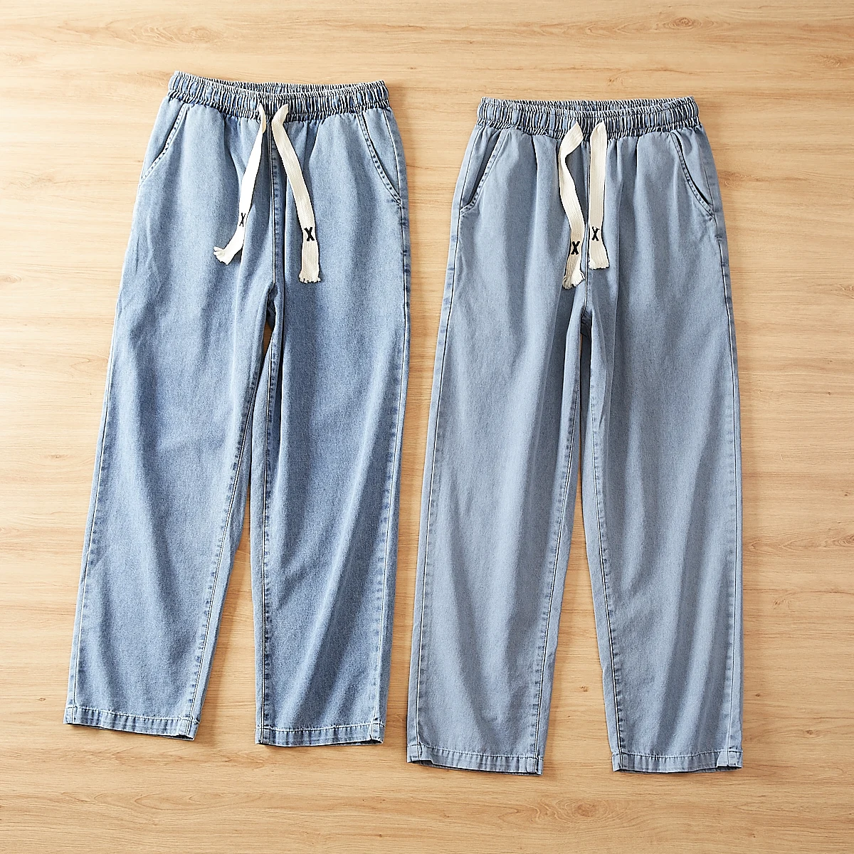 

Versatile Light Blue Washed Summer Men's Elastic Waist Straight Leg Casual Long Pants Jeans 30762 Harlan Style Youth Trend