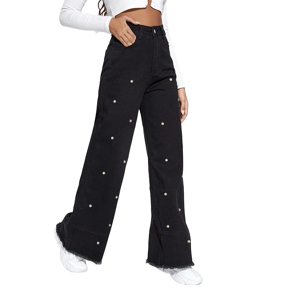 Spring and Summer New Design Pearl Pants Black Rough Edge Splicing Fringed Wide-leg Jeans for Women