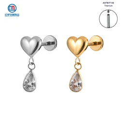 ASTM F136 Titanium Internally Threaded Heart Top with Teardrop Dangle Labret Earring Tragus Flat Body Piercing Jewelry