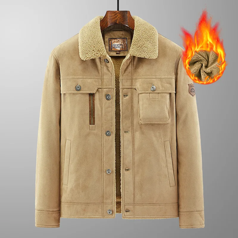 남성용 스웨이드 플리스 재킷 겨울 두꺼운 야외 작업복 캐주얼 라펠 양가죽 플리스 코트 트렌디하고 편안함
