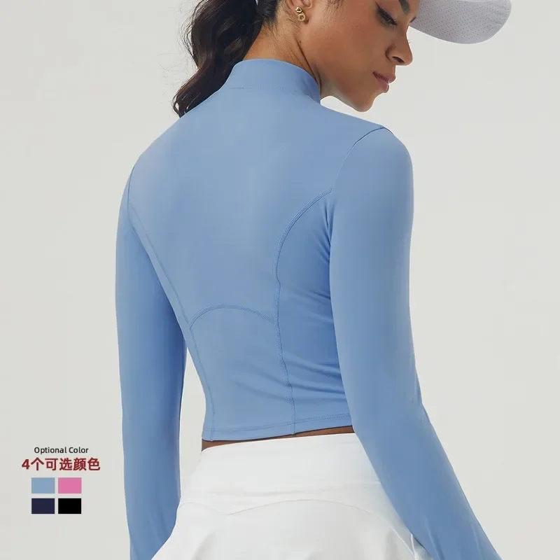 WANAYOU-traje de Yoga para mujer, chaqueta deportiva de manga larga con cuello levantado de gama alta, entrenamiento para correr, Top deportivo, conjunto para correr a prueba de viento