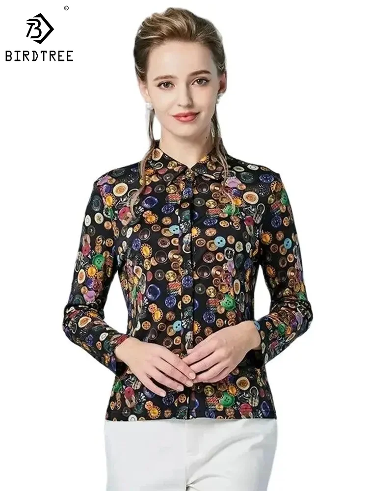 

BirdTree,Long Sleeve Print Slim Fit,100%Mulberry Silk Shirts for Women,Elegant Vintage Blouses,2024 Spring New Top,T42209QM