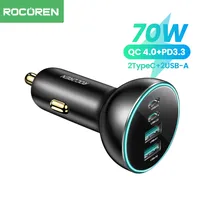 Rocoren 70W Car Charger 4 Ports USBC USB Type C Portable Super Fast Charging Car Quick Charger Adapter For iPhone 15 Pro Xiaomi
