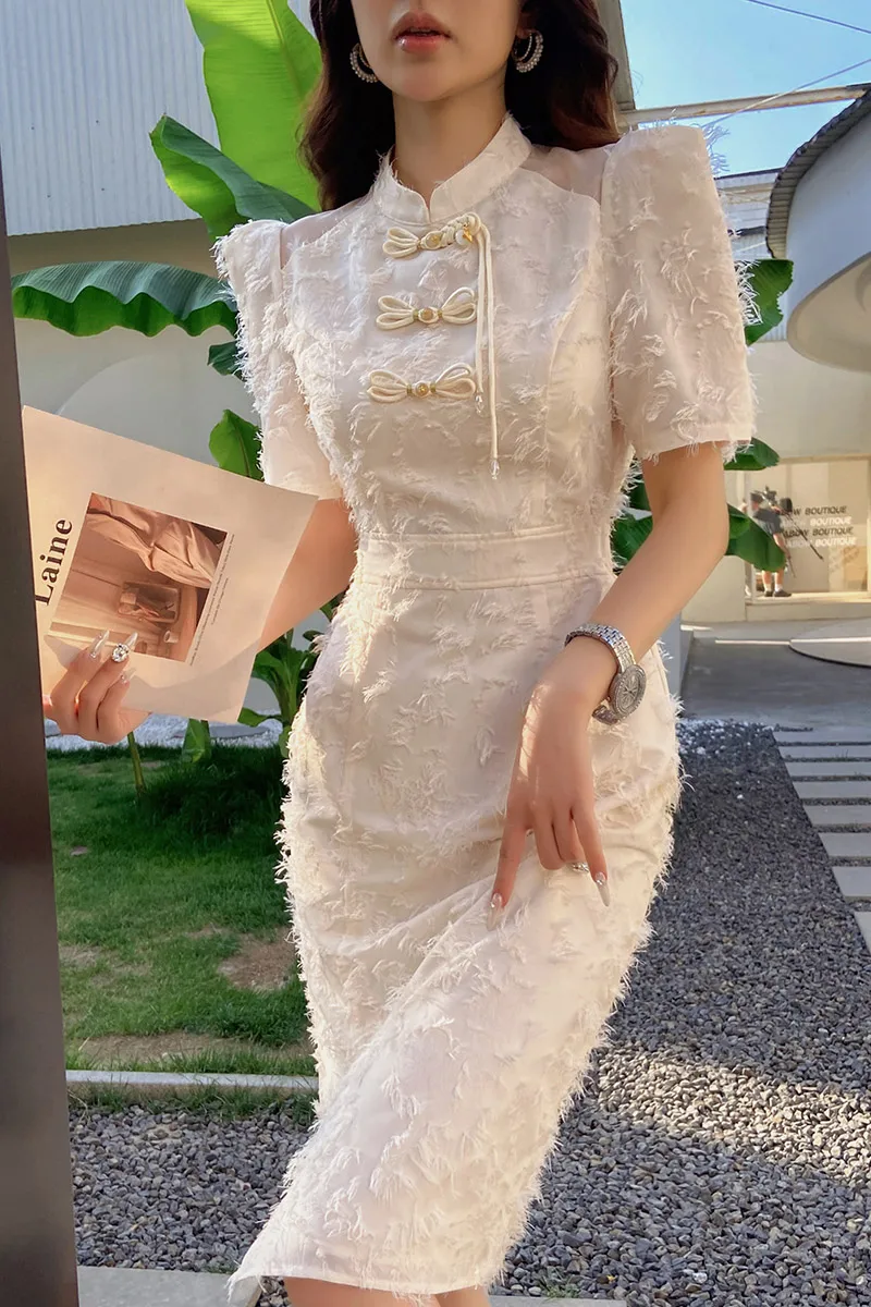 

Summer Solid Lace Dress Women's Dress Puff Sleeve Knee-Length A-Line Skirt Chinese Style Y2K 2025 New DABUWAWA DA1BDR051